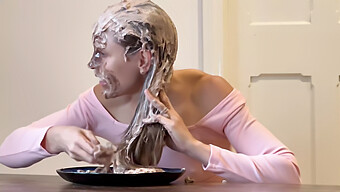 Small-Titted Amateur Gets Covered In Cake And Food In A Wet And Messy Facial